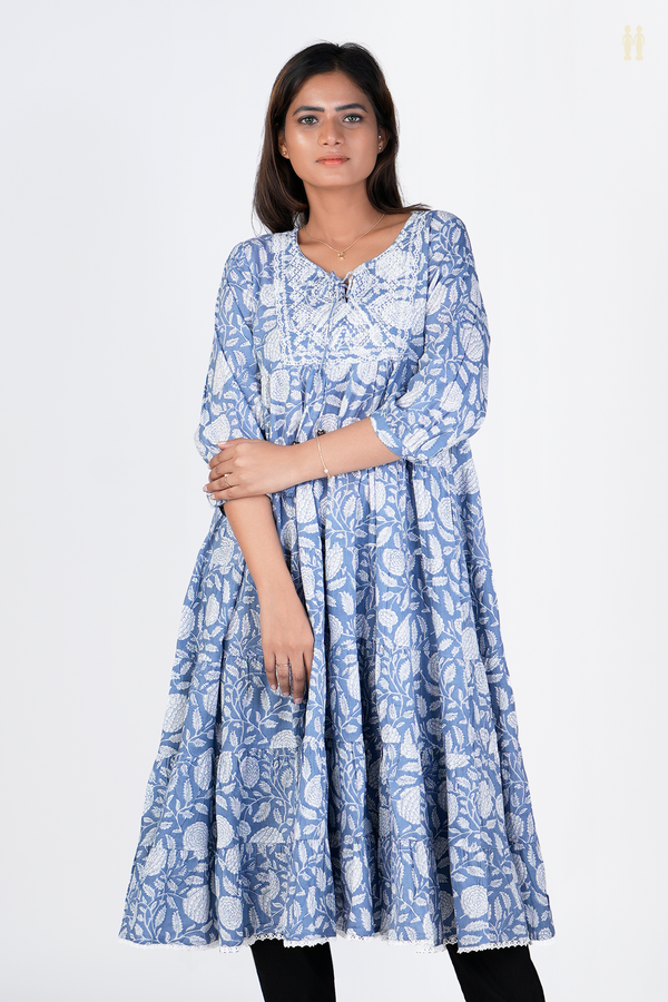Front Tie Up Floral Design Dusty Blue Cotton Long Kurta