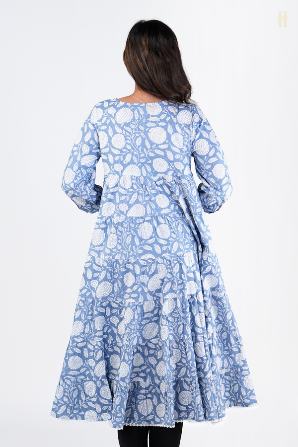 Front Tie Up Floral Design Dusty Blue Cotton Long Kurta