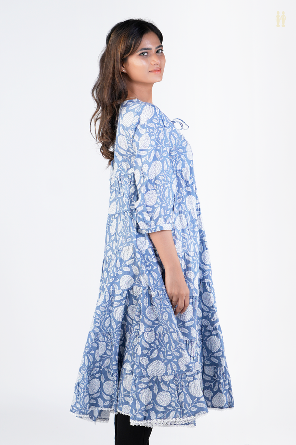 Front Tie Up Floral Design Dusty Blue Cotton Long Kurta