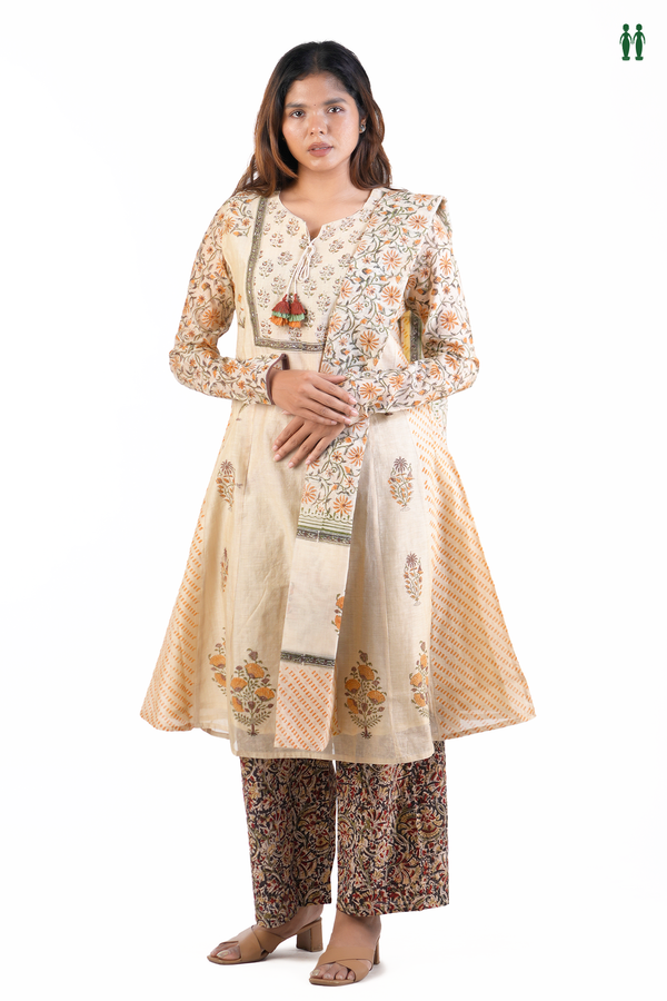 Front Tie Up Floral Design Pale Brown Cotton Salwar Set