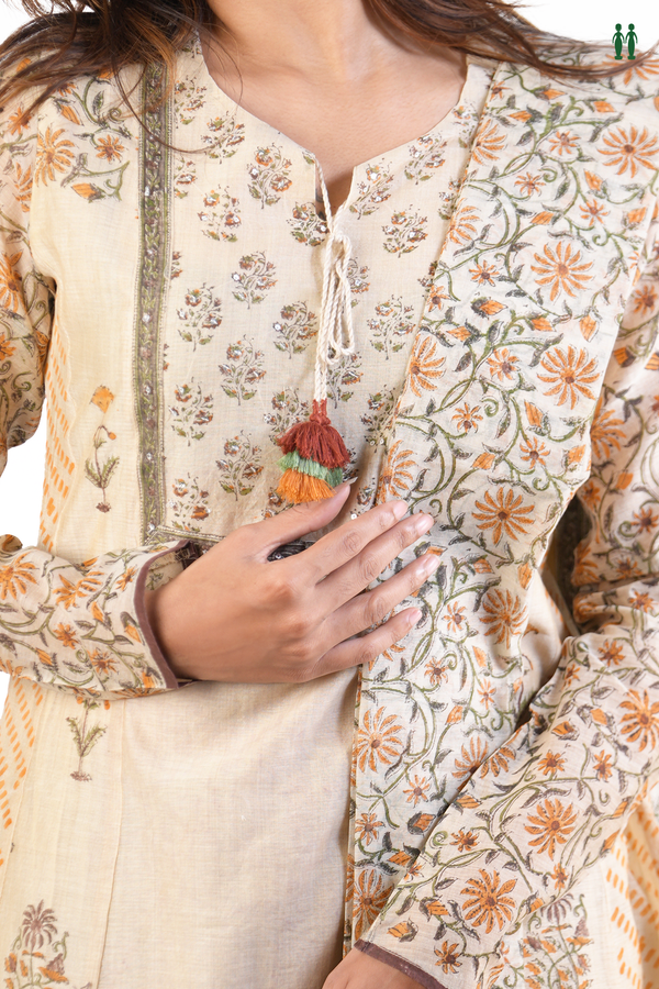 Front Tie Up Floral Design Pale Brown Cotton Salwar Set