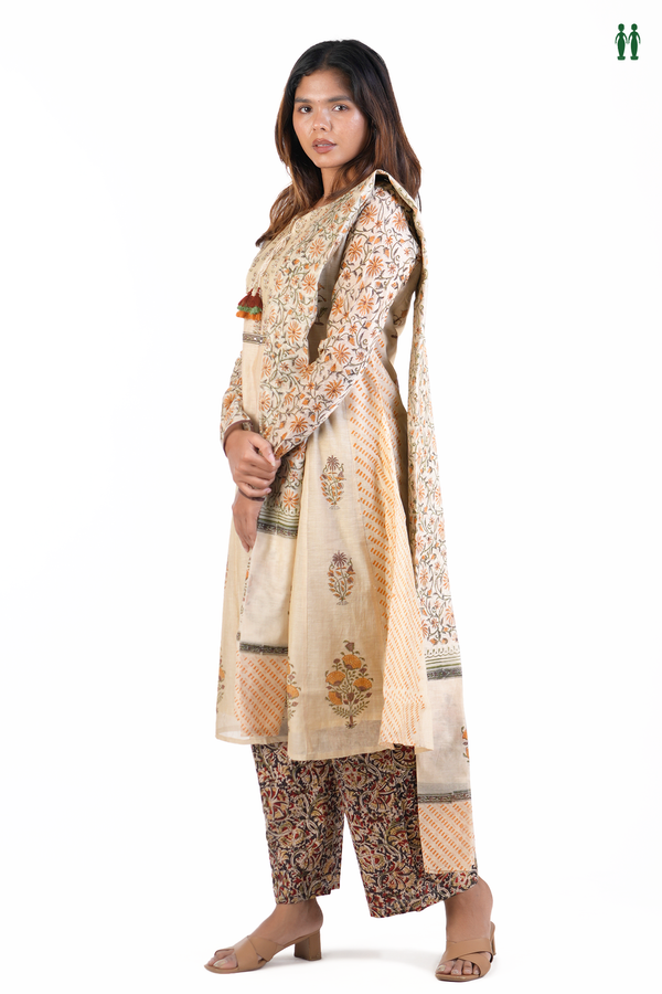 Front Tie Up Floral Design Pale Brown Cotton Salwar Set