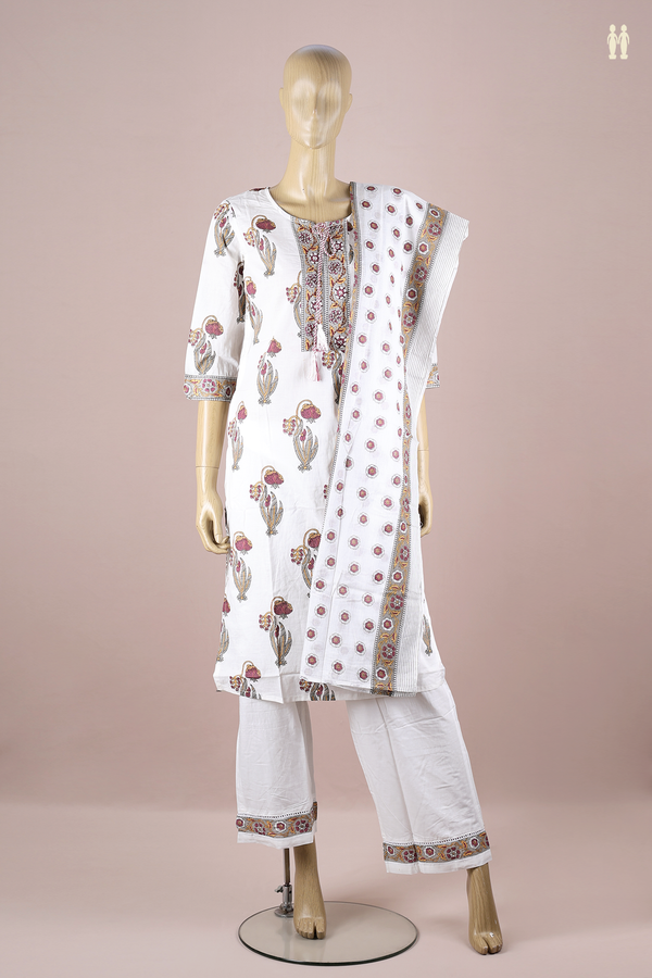 Front Tie Up Neck Floral Design White Cotton Salwar Set