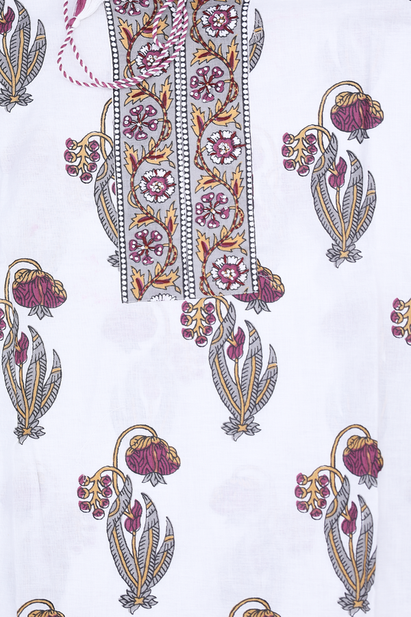 Front Tie Up Neck Floral Design White Cotton Salwar Set