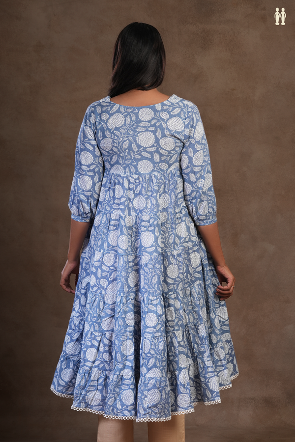 Front Tie Up Neck Floral Printed Blue Cotton Long Kurta