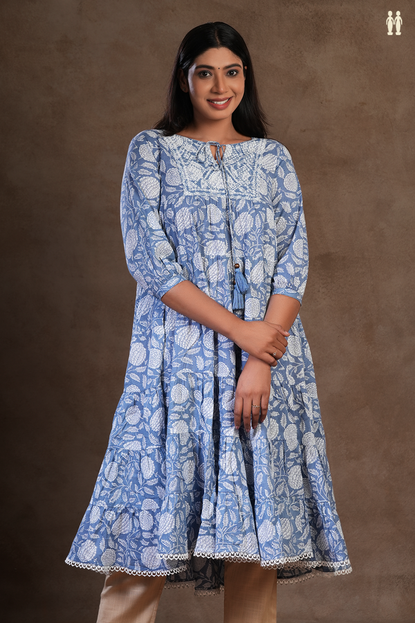 Front Tie Up Neck Floral Printed Blue Cotton Long Kurta