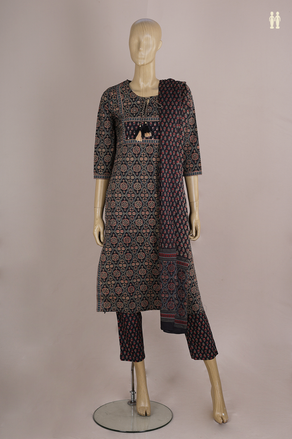 Front Tie Up Neck Printed Design Black Cotton Salwar Set