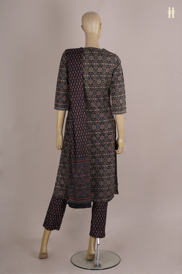 Front Tie Up Neck Printed Design Black Cotton Salwar Set