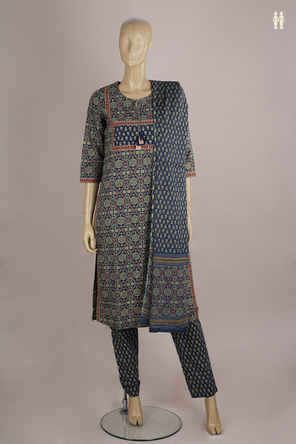Front Tie Up Neck Printed Design Blue Cotton Salwar Set