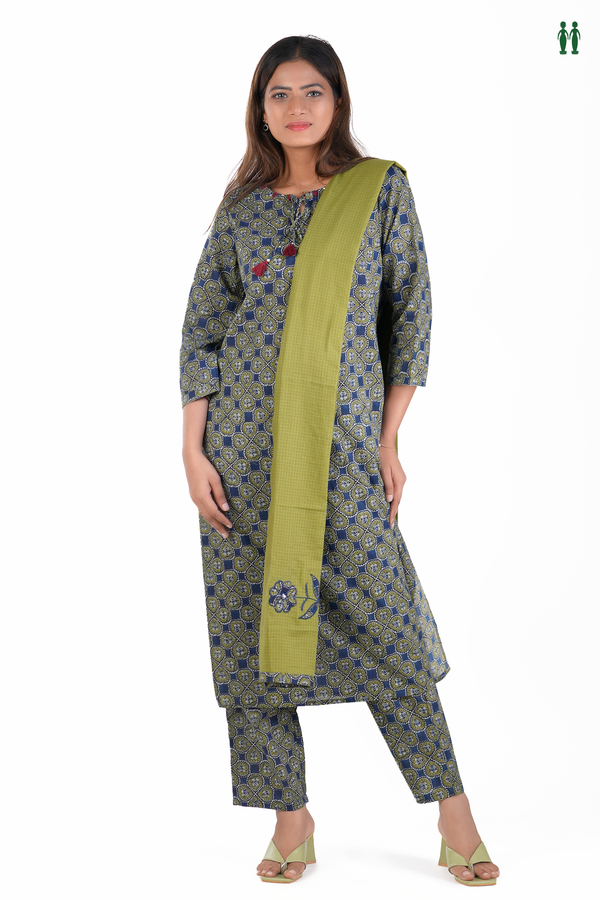 Front Tie Up Printed Design Blue Cotton Salwar Set