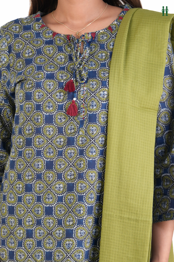 Front Tie Up Printed Design Blue Cotton Salwar Set