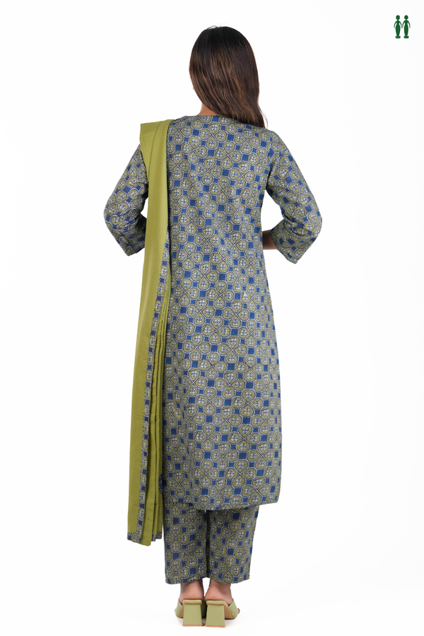 Front Tie Up Printed Design Blue Cotton Salwar Set