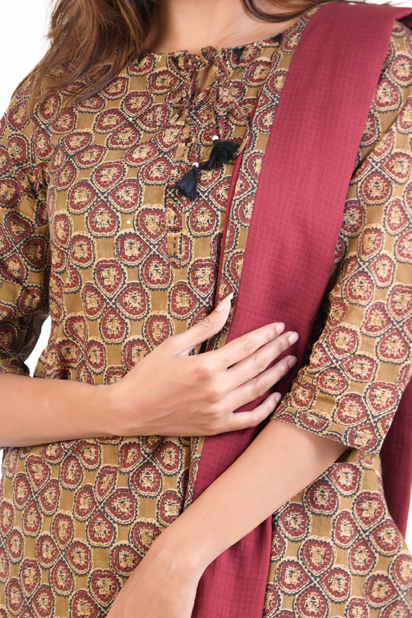 Front Tie Up Printed Design Brown Cotton Salwar Set