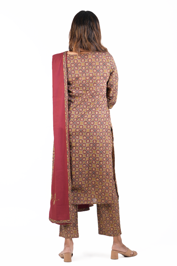 Front Tie Up Printed Design Brown Cotton Salwar Set