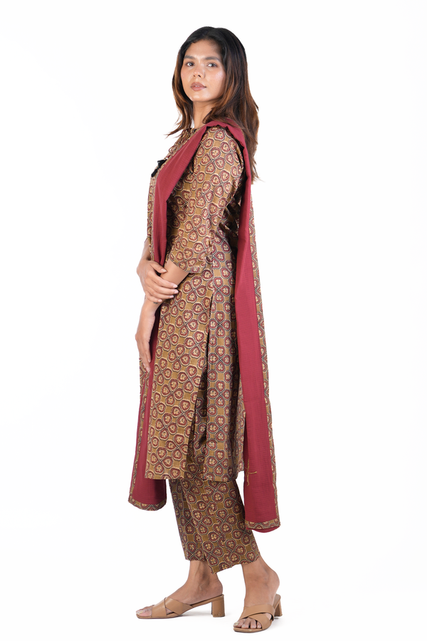 Front Tie Up Printed Design Brown Cotton Salwar Set