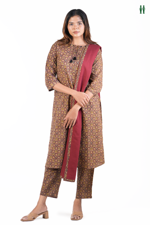 Front Tie Up Printed Design Brown Cotton Salwar Set