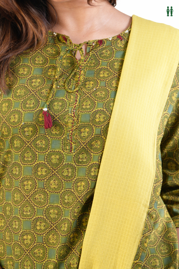 Front Tie Up Printed Design Green Cotton Salwar Set