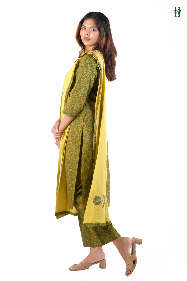 Front Tie Up Printed Design Green Cotton Salwar Set