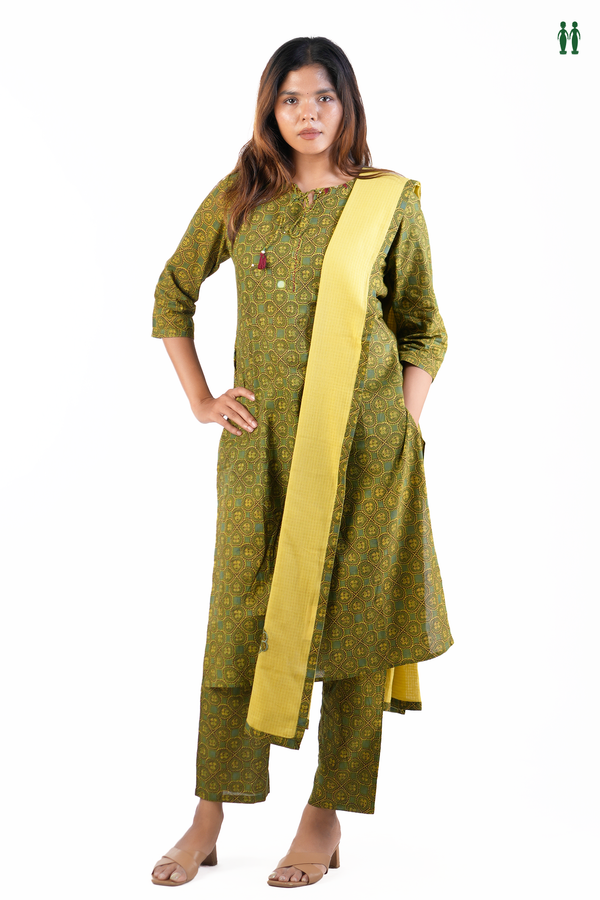 Front Tie Up Printed Design Green Cotton Salwar Set