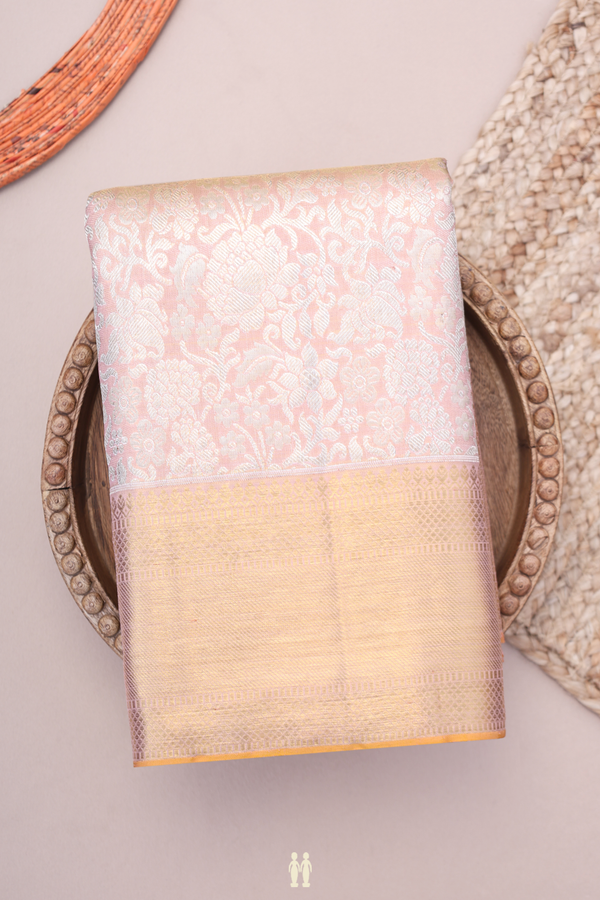 Kanchipuram Silk Saree In Peach Pink With Floral Design