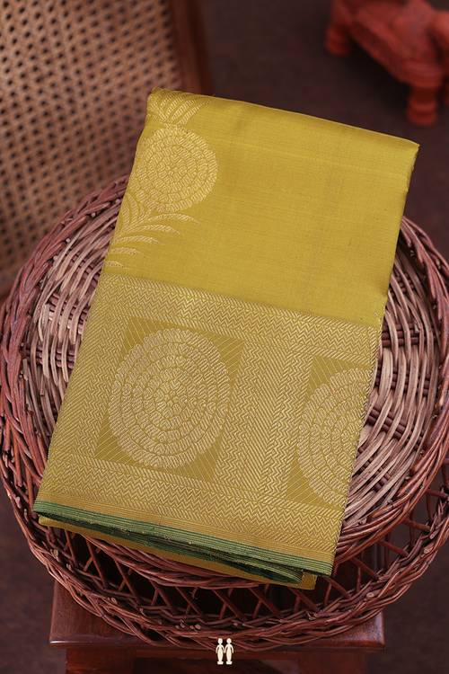 Kanchipuram Silk Saree In Olive Green With Floral Border
