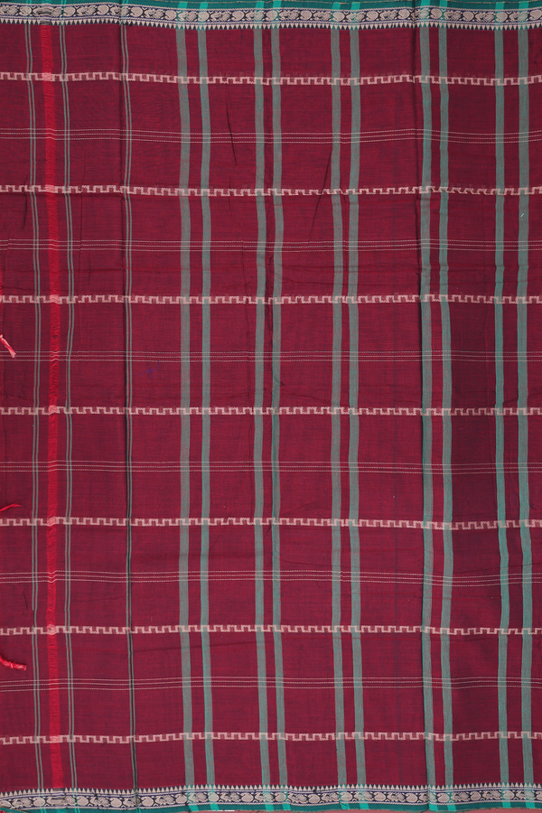 Gadwal Cotton Saree In Burgundy Red With Stripes Design