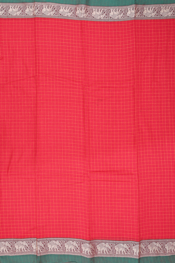 Gadwal Cotton Saree In Chilli Red With Checks Design