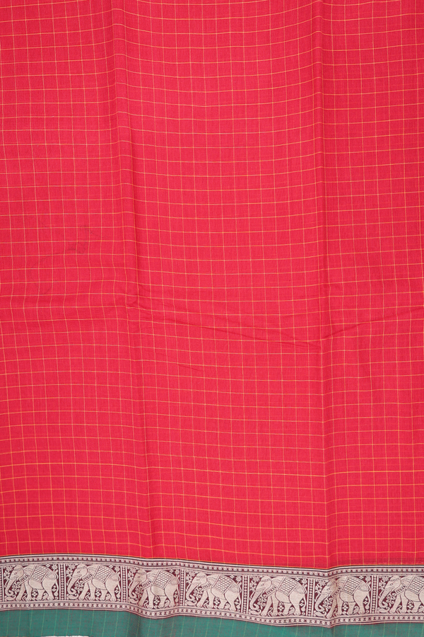 Gadwal Cotton Saree In Chilli Red With Checks Design