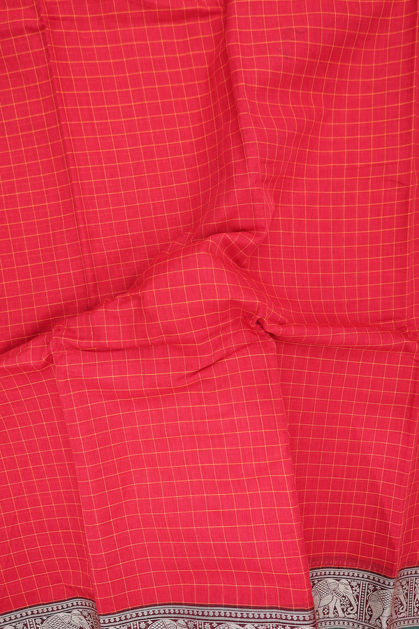 Gadwal Cotton Saree In Chilli Red With Checks Design