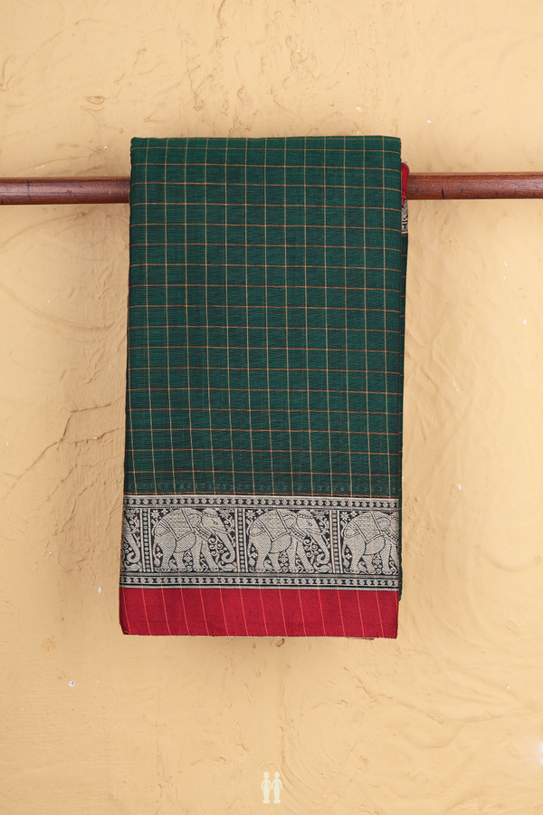 Gadwal Cotton Saree In Dark Green With Checks Design