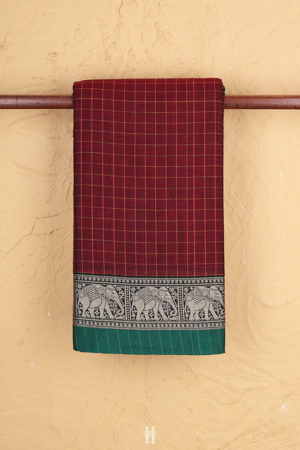 Gadwal Cotton Saree In Maroon With Checks Design