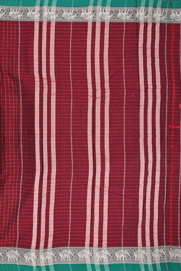 Gadwal Cotton Saree In Maroon With Checks Design