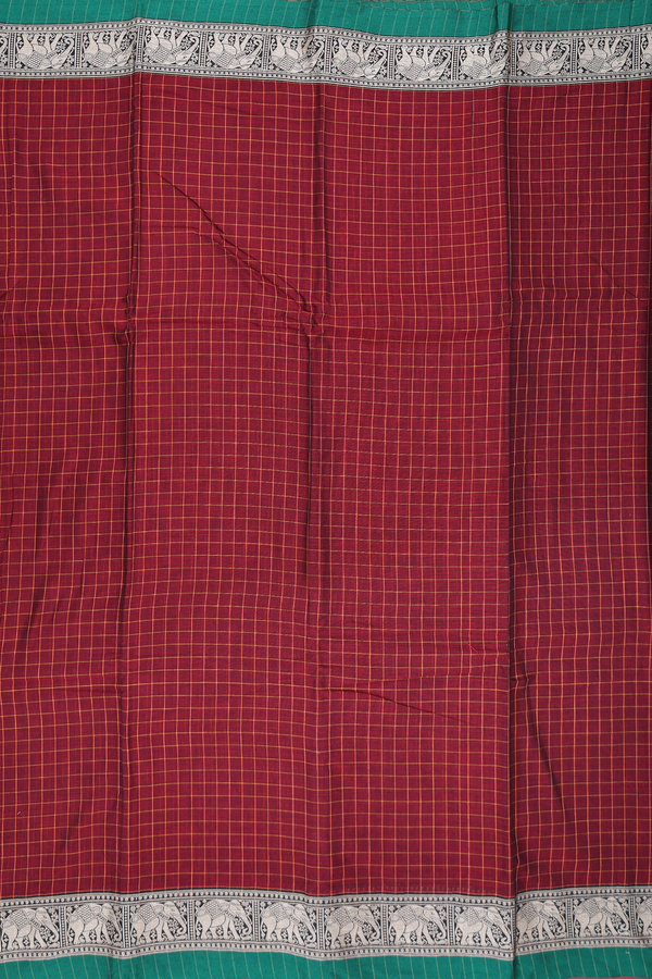 Gadwal Cotton Saree In Maroon With Checks Design