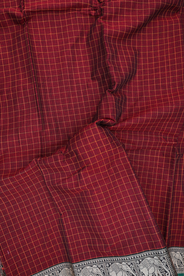 Gadwal Cotton Saree In Maroon With Checks Design