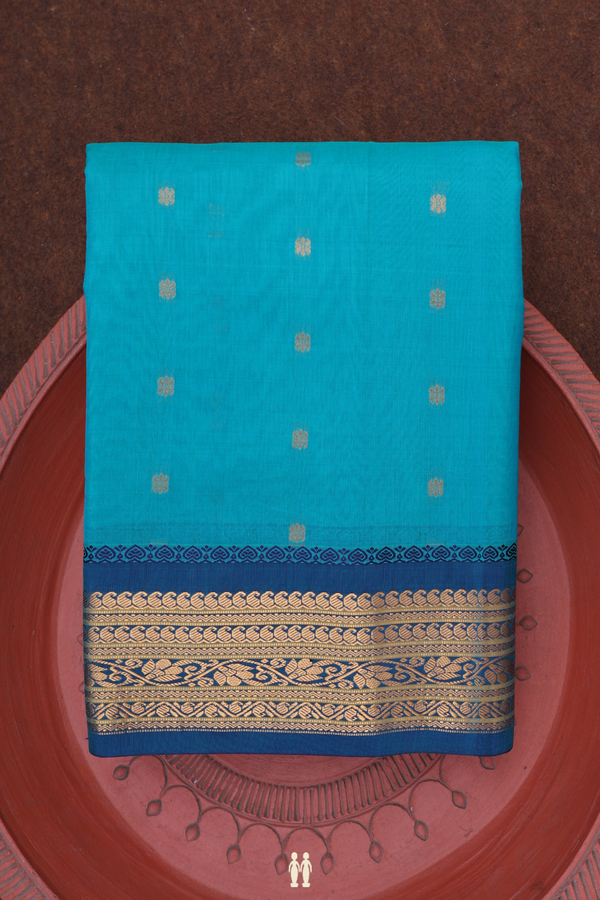 Gadwal Cotton Saree In Peacock Green With Zari Buttas