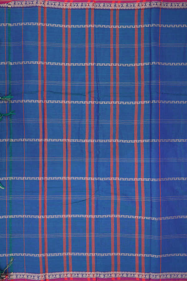 Gadwal Cotton Saree In Prussian Blue With Stripes Design