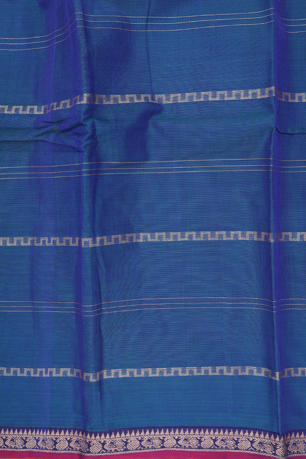 Gadwal Cotton Saree In Prussian Blue With Stripes Design