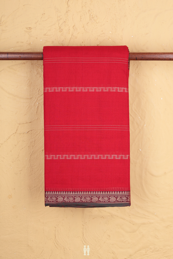 Narayanpet Cotton Saree In Red With Stripes Design