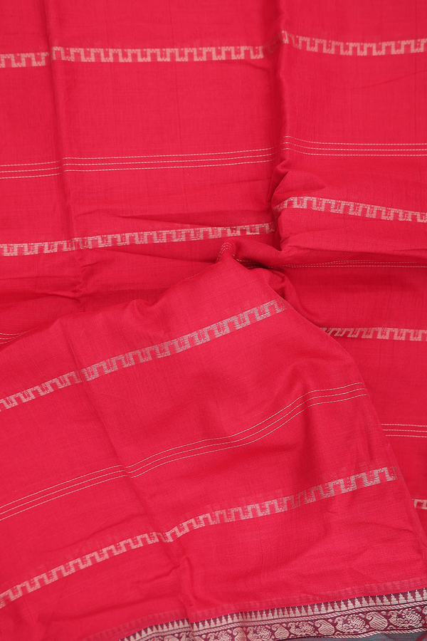 Narayanpet Cotton Saree In Red With Stripes Design