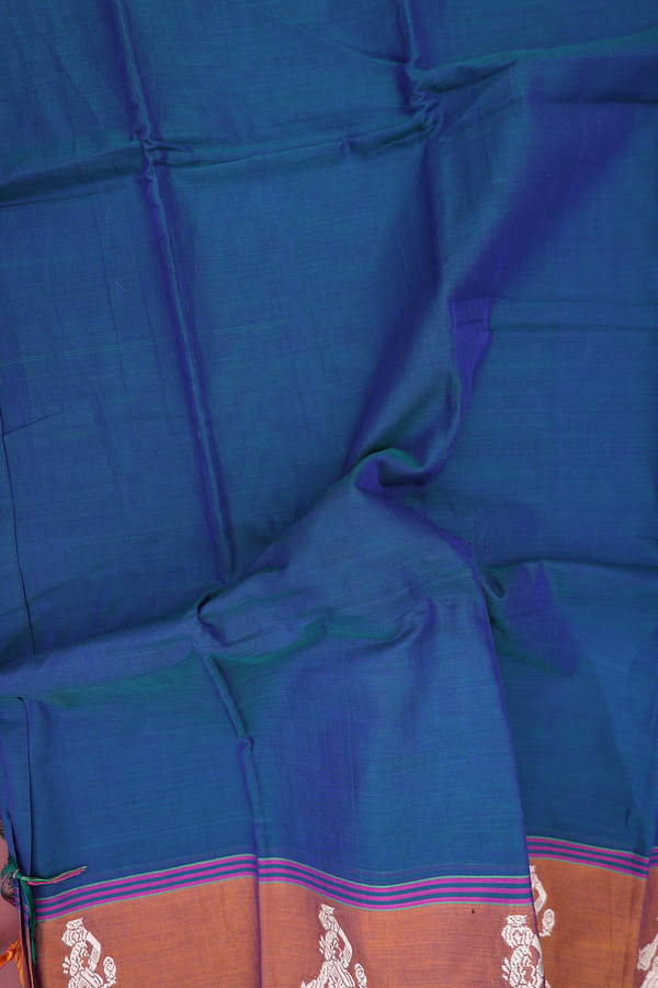 Narayanpet Cotton Saree In Prussian Blue With Contrast Border