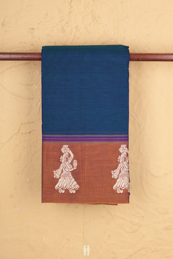 Narayanpet Cotton Saree In Prussian Blue With Contrast Border