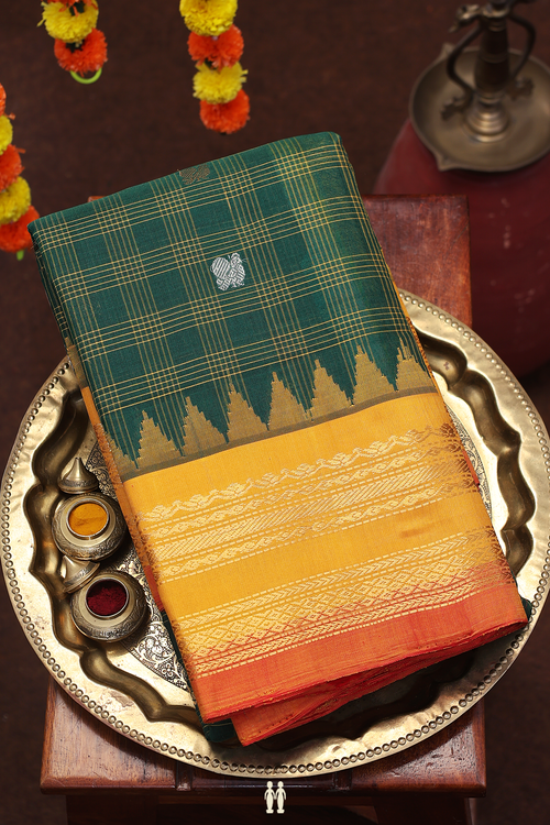 Gadwal Silk Cotton Saree Forest Green With Checks Design