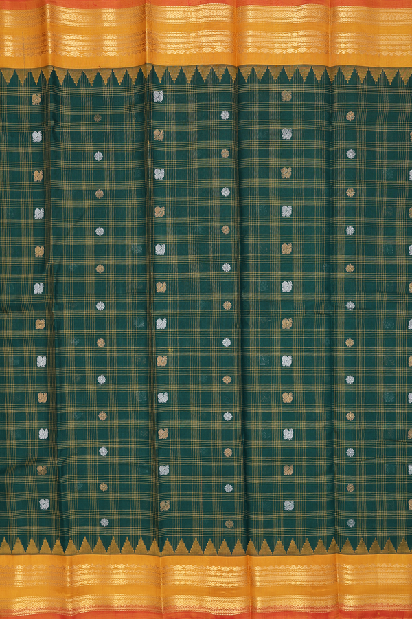 Gadwal Silk Cotton Saree Forest Green With Checks Design