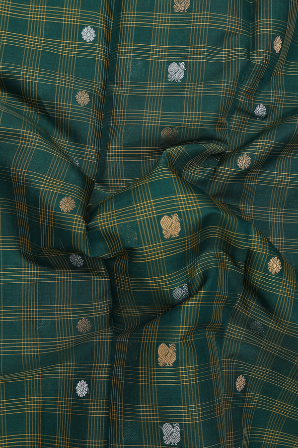 Gadwal Silk Cotton Saree Forest Green With Checks Design