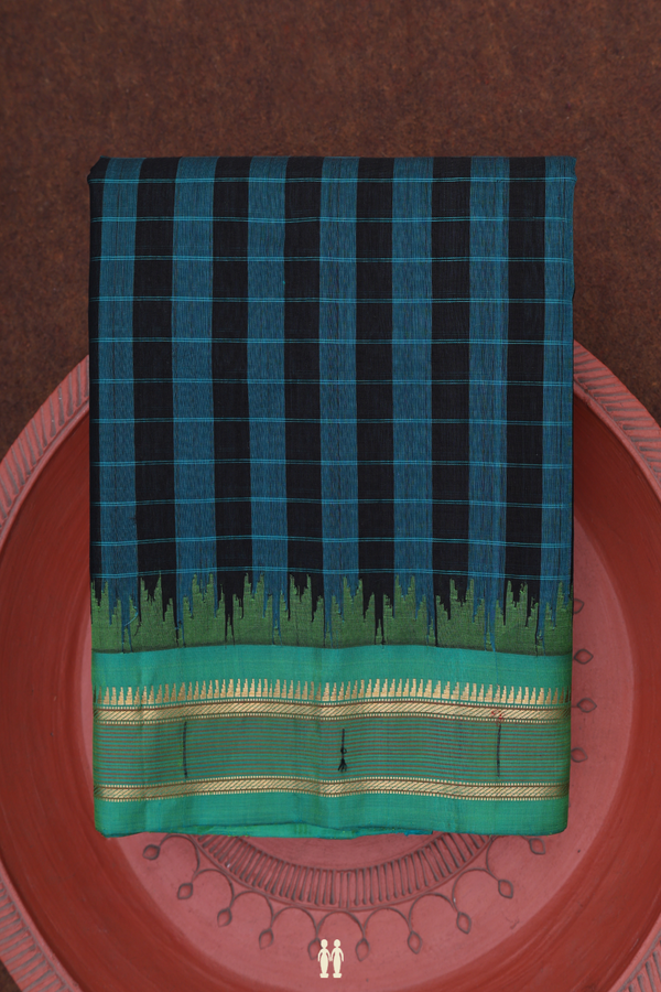Gadwal Silk Cotton Saree In Black And Blue With Checks Design