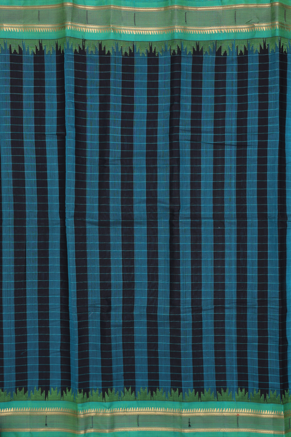 Gadwal Silk Cotton Saree In Black And Blue With Checks Design