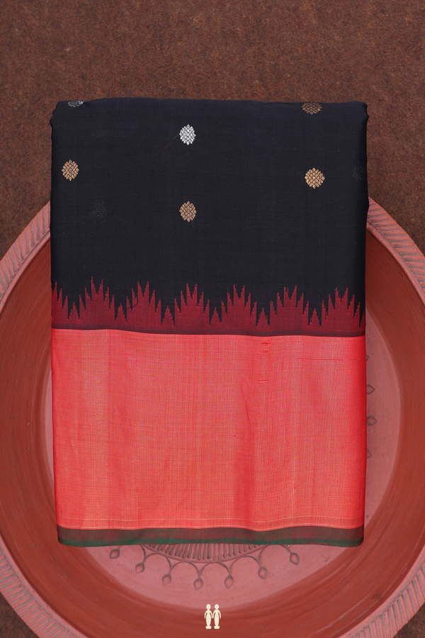 Gadwal Silk Cotton Saree In Black With Zari Buttas
