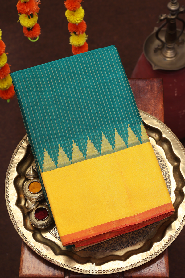 Gadwal Silk Cotton Saree In Dark Green With Stripes Design