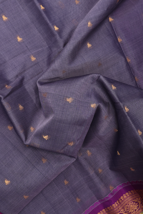 Gadwal Silk Cotton Saree In Dusty Grape With Paisley Buttis