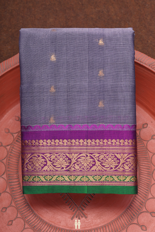 Gadwal Silk Cotton Saree In Dusty Grape With Paisley Buttis